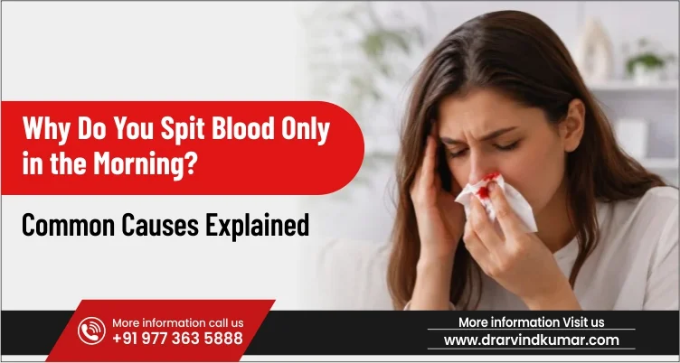 Woman checking for blood after spitting in the morning