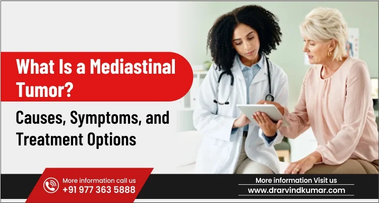 Doctor reviewing a chest CT scan with a patient to explain a mediastinal tumor